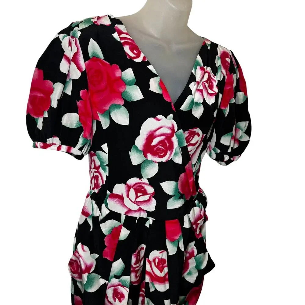 Vintage Nipon Boutique Silk Dress 8 Black Airbrushed‎ Roses Side Bow Wrap Look